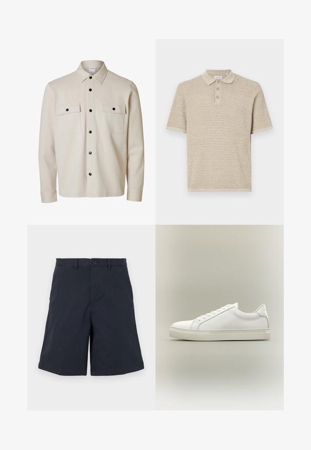 Beige langærmet skjorte med sorte knapper, to brystlommer med klap og knaplukning samt en spids krave.; Beige polo skjorte, korte ærmer, tekstureret strikstof, tre-knaps lukning, klassisk krave, subtilt mønster, afslappet pasform.; Marineblå shorts lavet af bomuld, med knaplukning, sidelommer og lige ben. Stoffet har en blød tekstur.; Hvid lavtop sneaker med snørebånd foran og tyk sål, vist fra siden mod en neutral baggrund.