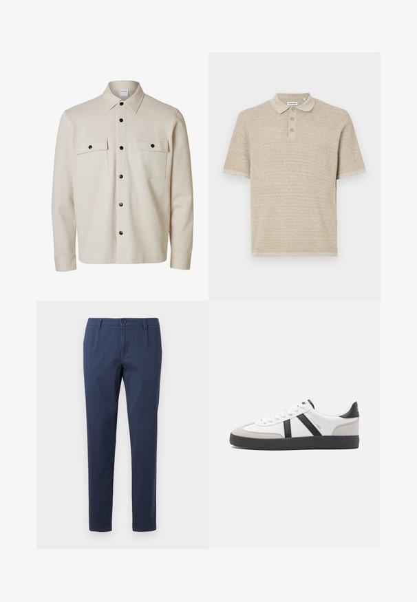 Chemise beige à manches longues avec boutons noirs, deux poches à rabat sur la poitrine avec fermetures à boutons et un col pointu.; Polo shirt beige, manches courtes, en tissu tricoté texturé, patte de boutonnage à trois boutons, col classique, motif subtil, coupe décontractée.; Pantalon bleu marine en tissu léger, avec une fermeture à bouton sur le devant, deux poches latérales et une coupe droite.; Baskets blanches avec des accents noirs et gris, présentant un embout texturé gris, une semelle en caoutchouc noir et des lacets plats blancs. Design épuré, style minimaliste.