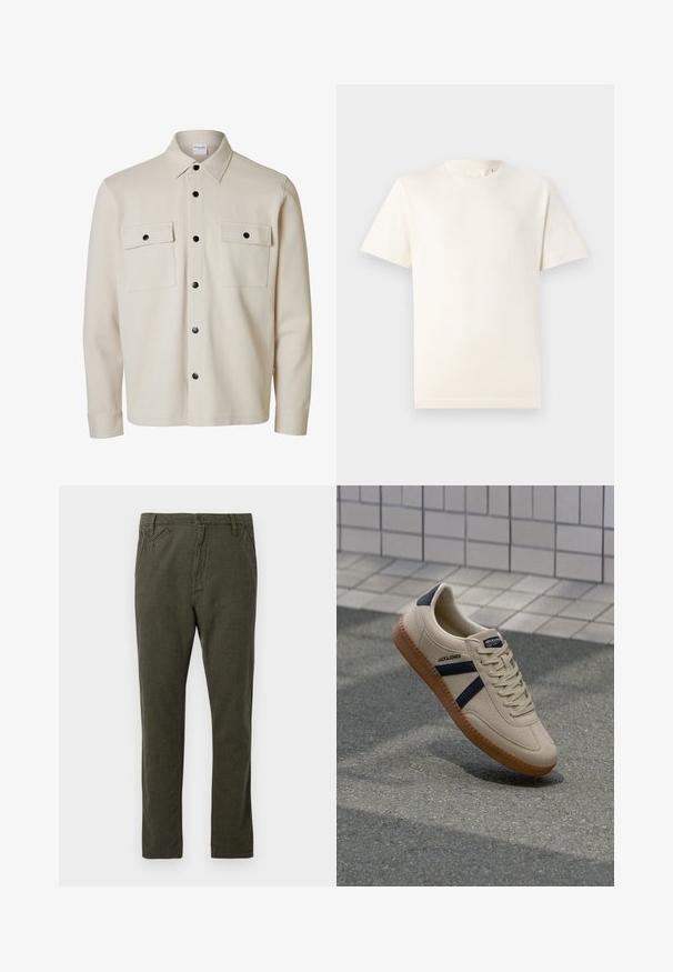 Beiges Langarmhemd mit schwarzen Knöpfen, zwei Brustklappen mit Knopfverschluss und spitzem Kragen.; TOM TAILOR BASIC CREW NECK - T-Shirt basic - smooth light sand; Gerade geschnittene Chino-Hosen in dunkelolivgrün mit vorderem Knopf- und Reißverschluss, seitlichen und kleinen schrägen Vordertaschen.; Beige Sneaker mit strukturierter Oberfläche, dunkelblauen Streifen und Gummisohle. Verfügt über eine gepolsterte Zunge und ein traditionelles Schnürsystem für einen sicheren Sitz.