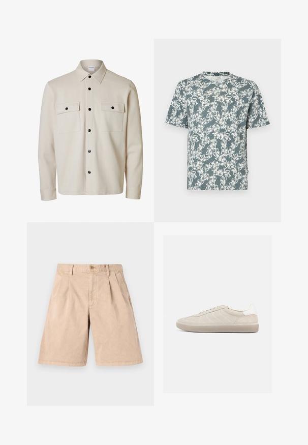 Beige langærmet skjorte med sorte knapper, to brystlommer med klap og knaplukning samt en spids krave.; Kortærmet T-shirt i teal-farve med et hvidt blomsterdesign. Fremstillet af letvægtsstof med en afslappet pasform.; Beige shorts lavet af bomuld, med en lige pasform, plisseret front, sidelommer og en enkelt knaplukning i taljen.; Beige ruskindssneaker med en tekstureret overdel, glat hvid hælkappe, tynde snørebånd og en gummi-ydersål. Har et lavt profil design.
