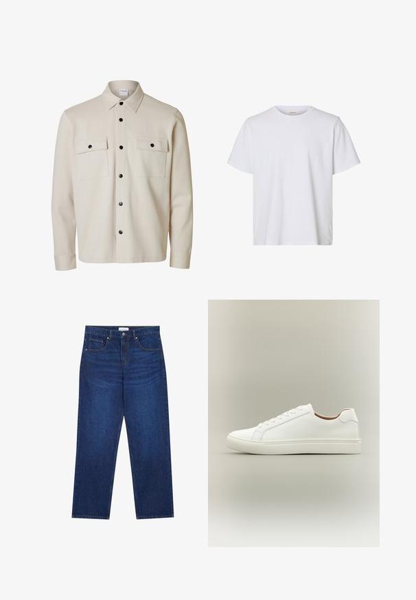 Chemise beige à manches longues avec boutons noirs, deux poches à rabat sur la poitrine avec fermetures à boutons et un col pointu.; T-shirt blanc uni à manches courtes, col rond, coupe régulière et texture de tissu lisse, présenté sur fond blanc.; Jean en denim bleu foncé avec une coupe droite, équipé d'une fermeture boutonnée et à zip, de cinq poches et de détails de couture visibles.; Baskets blanches basses avec fermeture à lacets et semelle plate, vues de côté sur un fond neutre.