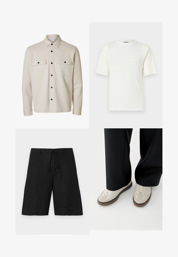 Chemise beige à manches longues avec boutons noirs, deux poches à rabat sur la poitrine avec fermetures à boutons et un col pointu.; T-shirt blanc à manches courtes en tissu texturé avec un subtil motif horizontal. Motif col rond, coupe décontractée.; Shorts en lin noir avec une coupe décontractée, taille à cordon de serrage et sans motifs visibles. Le tissu semble léger avec une finition légèrement texturée.; Pieds portant des baskets beige avec des semelles marron et un pantalon noir à jambes larges sur fond blanc.