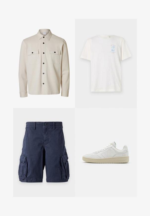 Beige langærmet skjorte med sorte knapper, to brystlommer med klap og knaplukning samt en spids krave.; Hvid bomulds t-shirt med et lyseblåt grafisk motiv af en drink med blomsterdetaljer på venstre brystområde, korte ærmer og rund halsudskæring.; Mørkeblå cargo shorts lavet af bomuld. Har flere sidelommer, knappelukning og en afslappet pasform. Glat tekstur og holdbart design.; Hvide lædersneakers med struktureret overflade og polstret krave. Har en beige gummisål og diskret branding på hælen og siden.