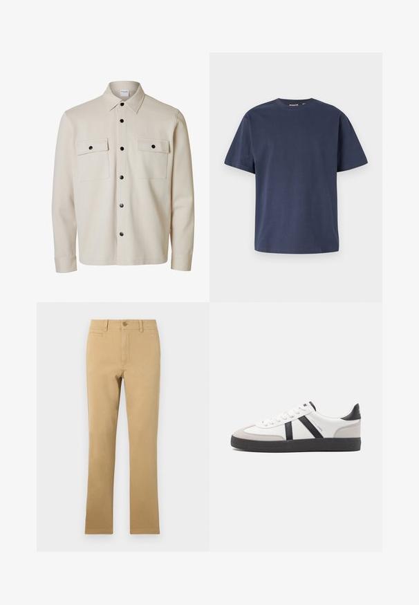 Beige langærmet skjorte med sorte knapper, to brystlommer med klap og knaplukning samt en spids krave.; Mørkeblå bomulds T-shirt med rund halsudskæring og korte ærmer. Glat tekstur, lige snit og minimale sømme, hvilket giver et klassisk design.; Kaki-farvede lige ben bukser lavet af bomuld, med knaplukning, forlommer og en glat overflade.; Hvide sneakers med sorte og grå detaljer, med en tekstureret grå tåhætte, sort gummisål og flade hvide snørebånd. Rent design, minimalistisk stil.