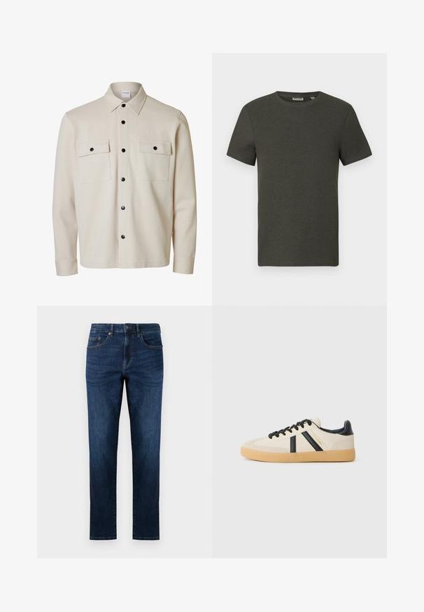 Beige langærmet skjorte med sorte knapper, to brystlommer med klap og knaplukning samt en spids krave.; Mørkegrøn kortærmet t-shirt med rund halsudskæring, lavet af ribbet materiale; har et enkelt, minimalistisk design uden mønstre.; Mørkeblå denim jeans med lige ben design, der har fem lommer, syede detaljer og en klassisk knaplukning.; Casual sneakers i creme med sorte striber, med en tekstureret overdel og sål i gummigummi. Snørebåndene er sorte. Diskret logo på siden.