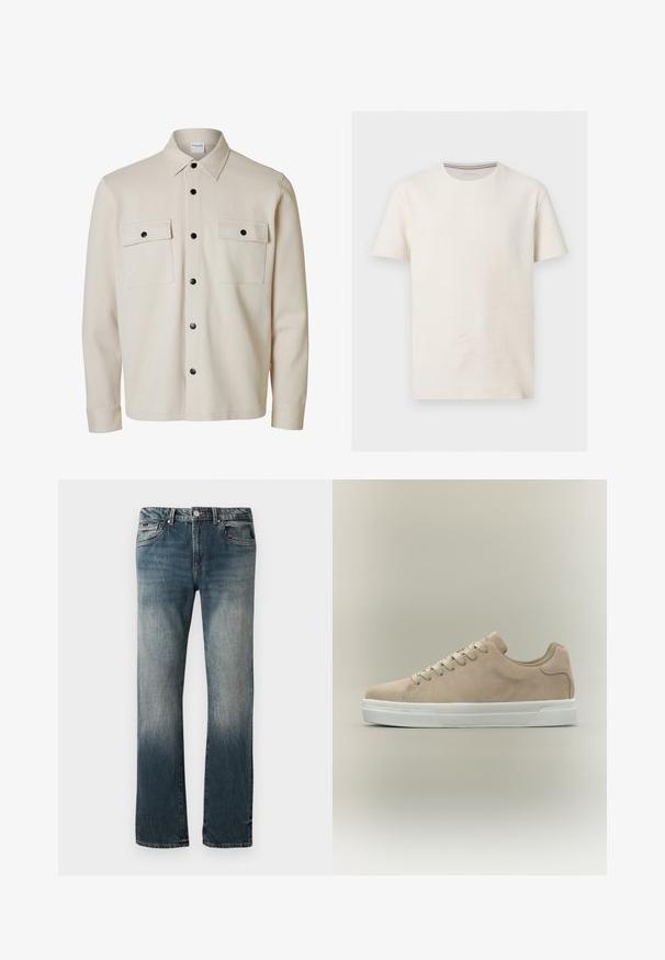 Camisa beige de manga larga con botones negros, dos bolsillos con solapa en el pecho con cierre de botón y cuello puntiagudo.; Camiseta de algodón texturizado color blanco hueso de manga corta con cuello redondo y logo discreto en el pecho izquierdo, mostrada sobre fondo gris.; Jeans de mezclilla azul de corte recto para hombre con lavado desgastado y diseño de cinco bolsillos sobre un fondo blanco.; Zapatilla beige de ante de caña baja con suela blanca de goma y cordones beige sobre un fondo liso y claro.