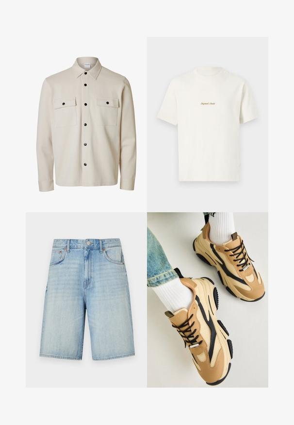 Beige overhemd met lange mouwen en zwarte knopen, twee borstzakken met kleppen en knoopsluitingen, en een puntige kraag.; Crème katoenen t-shirt met korte mouwen, ronde hals en geborduurd "Original Studio" logo in goud op de borst. Zachte textuur.; Lichtblauwe denimshorts met een rechte snit, voorzien van een knoop- en ritsluiting, vijf zakken en een licht vervaagde afwerking.; Steve Madden POSSESS - Sneakers laag - khaki