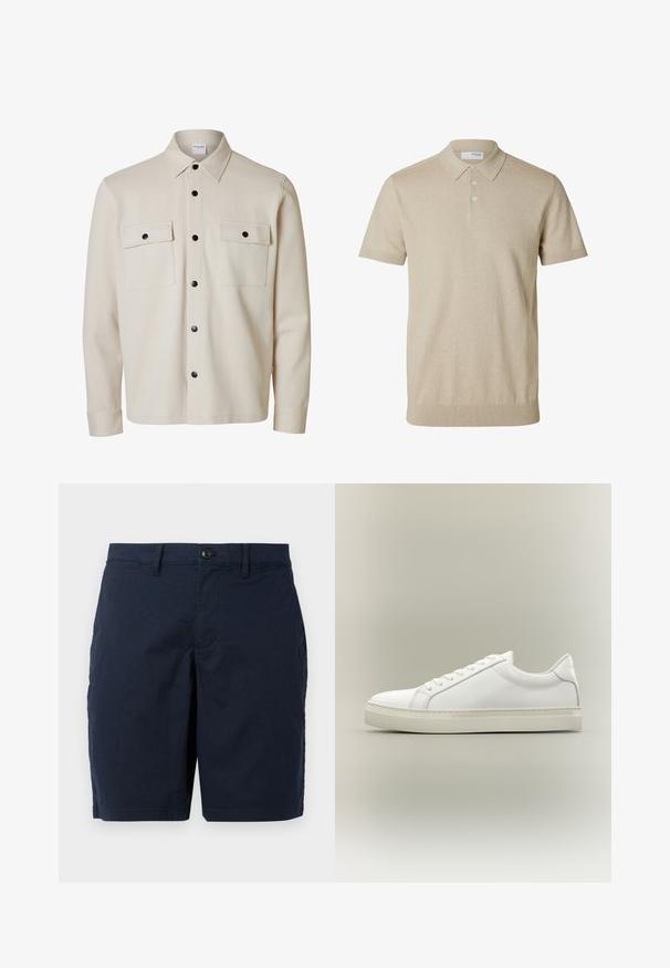 Chemise beige à manches longues avec boutons noirs, deux poches à rabat sur la poitrine avec fermetures à boutons et un col pointu.; Polo beige à manches courtes avec col et trois boutons, bords côtelés aux manches et à l'ourlet, tissu en maille unie.; Shorts bleu marine en tissu léger. Dotés d'une fermeture à bouton, d'un devant plat et de deux poches latérales. Design classique à coupe droite.; Baskets blanches basses à lacets sur l’avant et semelle épaisse, vues de côté sur un fond neutre.
