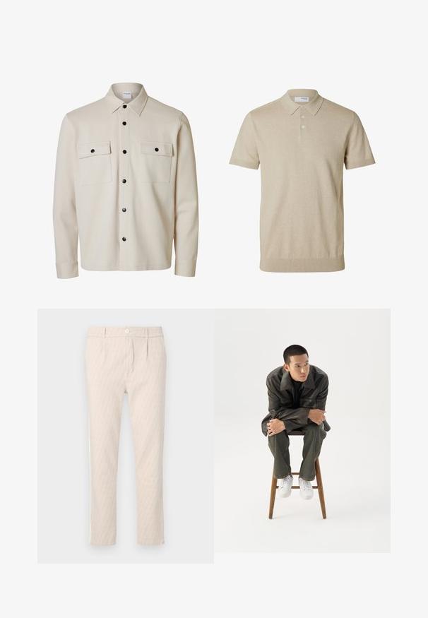 Beige langærmet skjorte med sorte knapper, to brystlommer med klap og knaplukning samt en spids krave.; Beige kortærmet polo med krave og tre knapper, ribkant ved ærmer og nederkant, ensfarvet strikstof.; Beige mønstrede bukser med et diskret bladmotiv, veltilpassede, med knaplukning og sidelommer. Glat stoffetekstur.; Ung mand i mørk læderjakke og jeans sidder på en træskammel, læner sig fremad med armene krydset og kigger til siden mod hvid baggrund.