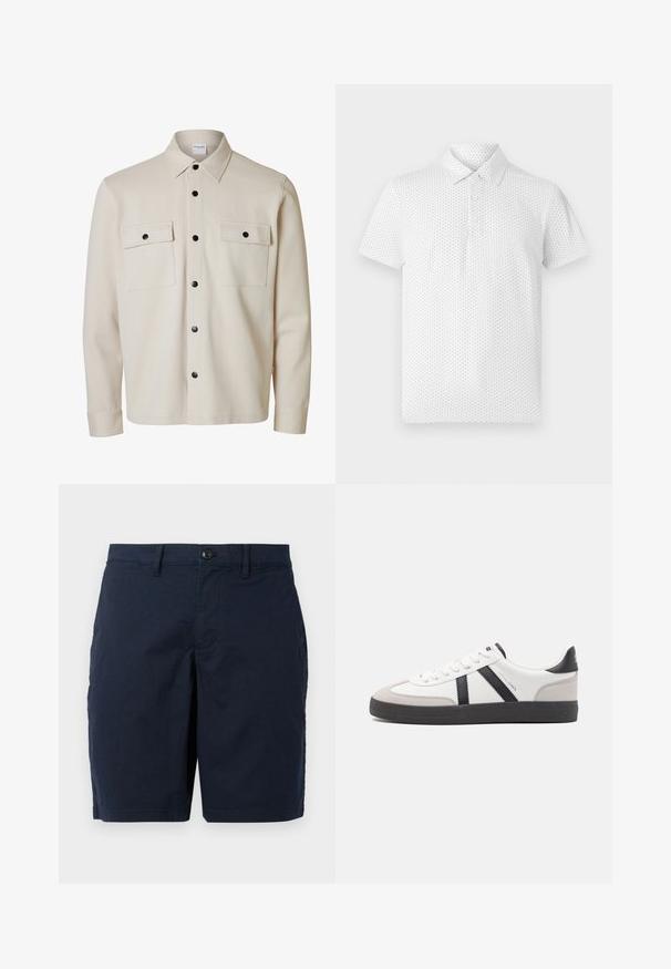 Beige langærmet skjorte med sorte knapper, to brystlommer med klap og knaplukning samt en spids krave.; Hvid kortærmet polo-shirt med et lille geometrisk mønster, tre knapper på kraven og en klassisk pasform. Fremstillet af åndbart stof.; Marineblå shorts lavet af letvægtsstof. Har en knaplukning, flad front og to sidelommer. Klassisk, lige pasform.; Hvide sneakers med sorte og grå detaljer, med en tekstureret grå tåhætte, sort gummisål og flade hvide snørebånd. Rent design, minimalistisk stil.