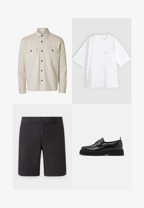 Chemise beige à manches longues avec boutons noirs, deux poches à rabat sur la poitrine avec fermetures à boutons et un col pointu.; T-shirt en coton blanc à manches courtes, col rond et poche poitrine gauche. Comprend une petite étiquette logo rouge sur la poche.; Shorts gris foncé en tissu tissé, dotés d'une fermeture à bouton, de passants de ceinture et d'une coupe droite, avec des ourlets nets et des poches latérales.; Chaussures en cuir noir de style mocassin avec une semelle plate et texturée, présentant un bout piqué et une sangle traversant le cou-de-pied.