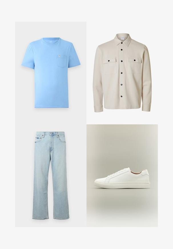 Beige langærmet skjorte med sorte knapper, to brystlommer med klap og knaplukning samt en spids krave.; Lyseblå kortærmet T-shirt lavet af blød bomuld. Har rund halsudskæring og en brystlomme med et mærketag. Glat tekstur.; Lyseblå denimjeans med en løs, bred bendesign. Har fem lommer, bæltestropper og en lynlås med knaplukning.; Hvid lavt snøresko med snørelukning og flad sål, vist fra siden på en neutral baggrund.