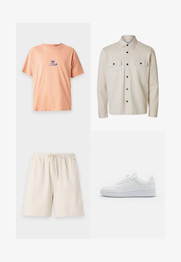 Beige langærmet skjorte med sorte knapper, to brystlommer med klap og knaplukning samt en spids krave.; ferskenfarvet bomulds t-shirt med korte ærmer, en rund halsudskæring og et blåt trykt logo med et paddeldesign og teksten "NY PADEL."; Lys beige ribbede shorts med elastisk talje og snoretræk. Har sidelommer og en afslappet pasform. Materialet er en blanding af bomuld.; Hvide sneakers lavet af glat syntetisk materiale, med flade snørebånd, perforeret tå og en gummisål med et tekstureret grebmønster.