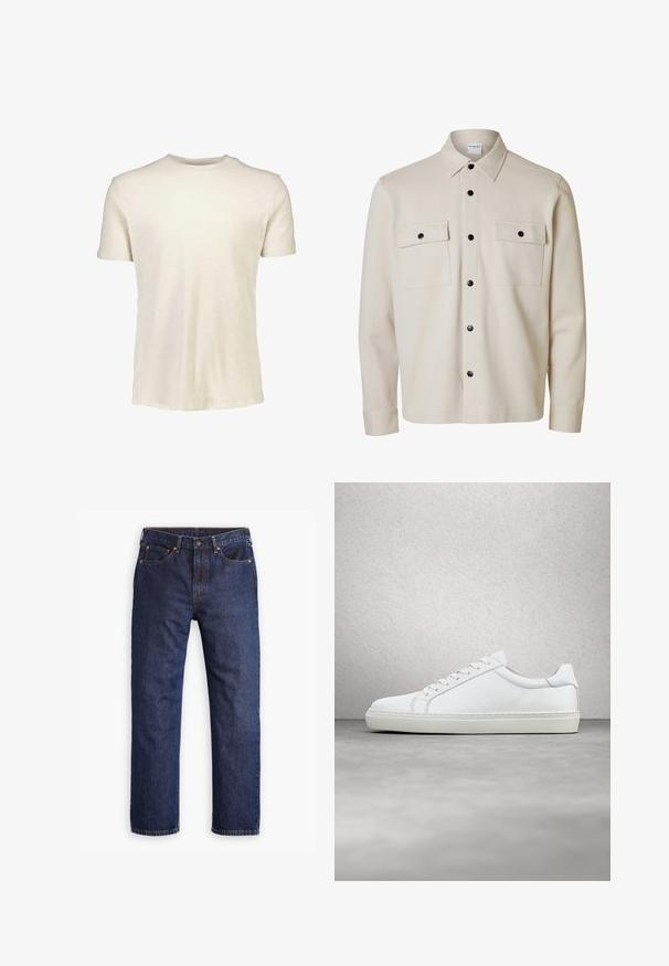 Camisa beige de manga larga con botones negros, dos bolsillos con solapa en el pecho con cierre de botón y cuello puntiagudo.; Camiseta de manga corta en beige claro, hecha de algodón suave. Presenta un escote redondo y una textura lisa sin patrones ni gráficos.; Vaqueros de mezclilla rectos de color azul oscuro con botón frontal, cremallera, cinco bolsillos y detalles en remaches de cobre.; Zapatilla blanca con parte superior de cuero liso y perfil bajo. Presenta una puntera redondeada, seis ojales y una suela de goma texturizada.