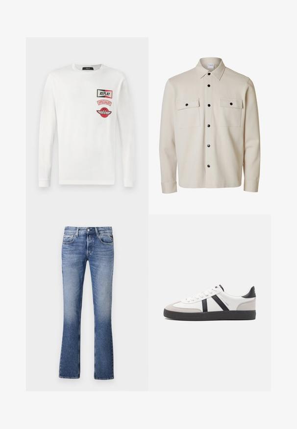 Camisa beige de manga larga con botones negros, dos bolsillos con solapa en el pecho con cierre de botón y cuello puntiagudo.; Camisa blanca de manga larga con tres parches rojos y negros en el lado izquierdo del pecho: "REPLAY", "SPECIALIST" y un logo de una V alada.; Vaqueros de mezclilla azul claro con un diseño de pierna acampanada, que cuentan con cinco bolsillos, un cierre delantero de botón y un ligero desgaste en toda la prenda.; Zapatilla blanca con acentos en negro y gris, que presenta una puntera texturizada en gris, suela de goma negra y cordones planos blancos. Diseño limpio, estilo minimalista.