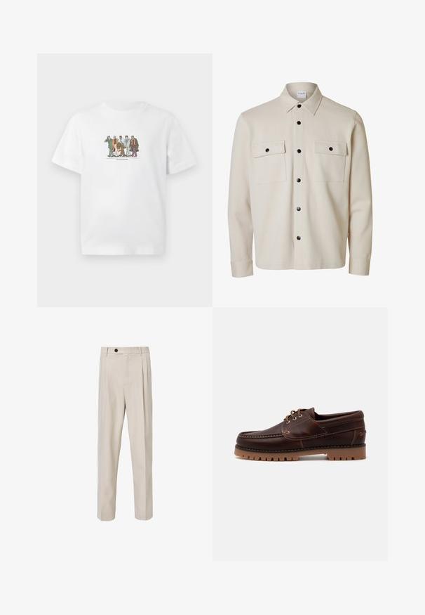 Beige langærmet skjorte med sorte knapper, to brystlommer med klap og knaplukning samt en spids krave.; Hvid T-shirt med illustration af fem forskellige mænd i jakkesæt, der går selvsikkert side om side, mens de holder på aktetasker og telefoner.; Beige skræddersyede bukser med lige ben-design, der har frontplisseringer, knaplukning og en glat tekstur.; Brun læder bådsko med stikninger, snørebåndsdesign og robust gummisål med bølgede mønstre for godt greb.