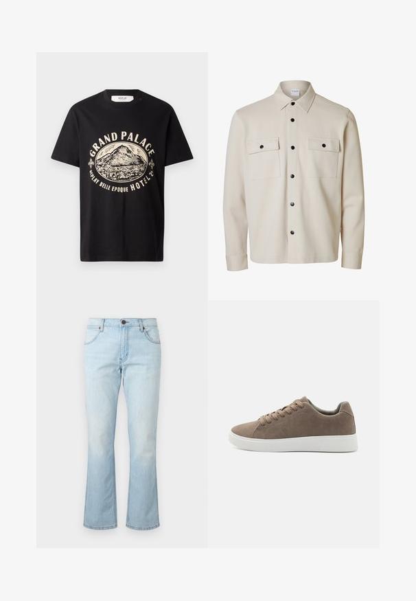 Beige langærmet skjorte med sorte knapper, to brystlommer med klap og knaplukning samt en spids krave.; Sort bomulds T-shirt med en beige grafisk print af et bjerg og teksten "Grand Palace Replay Belle Epoque Hotel." Simpelt crew-neck design.; Lyseblå denimjeans med mellemhøj talje, knap- og lynlåslukning, forlommer og let udvidede ben.; Brune ruskinds sneakers med flade hvide gummisåler, snørelukning, rund tå og en glat overflade. Minimalistisk stil med diskrete syninger.