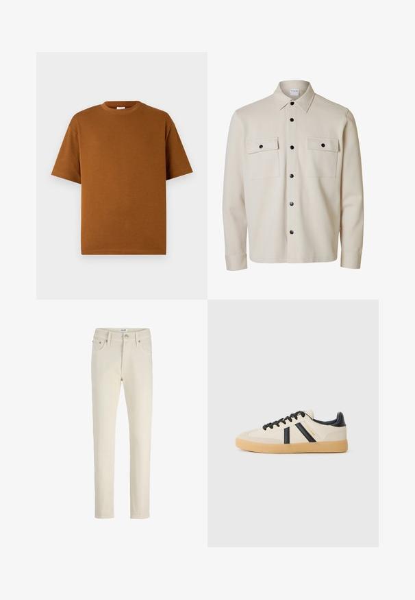 Camisa beige de manga larga con botones negros, dos bolsillos con solapa en el pecho con cierre de botón y cuello puntiagudo.; Camiseta marrón de manga corta hecha de una tela suave, con un escote redondo y un corte relajado con dobladillo recto. Sin patrones ni acentos visibles.; Pantalones vaqueros beige con diseño de pierna recta, cinco bolsillos, botón de metal y textura sutil. Estilo simple y versátil.; Zapatillas casuales en crema con rayas negras, con parte superior texturizada y suela de goma. Los cordones son negros. Logo sutil en el costado.