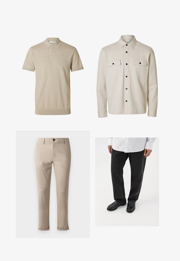 Beige overhemd met lange mouwen en zwarte knopen, twee borstzakken met kleppen en knoopsluitingen, en een puntige kraag.; Beige polo met korte mouwen, kraag en drie knopen, geribde randen aan mouwen en zoom, effen gebreide stof.; Jack & Jones JPSTMARCO FURY NOOS - Chino - atmosphere; Zwarte denim broek gecombineerd met glanzende zwarte instappers. Het shirt is wit met dunne verticale strepen, heeft lange mouwen en een geknoopte kraag.