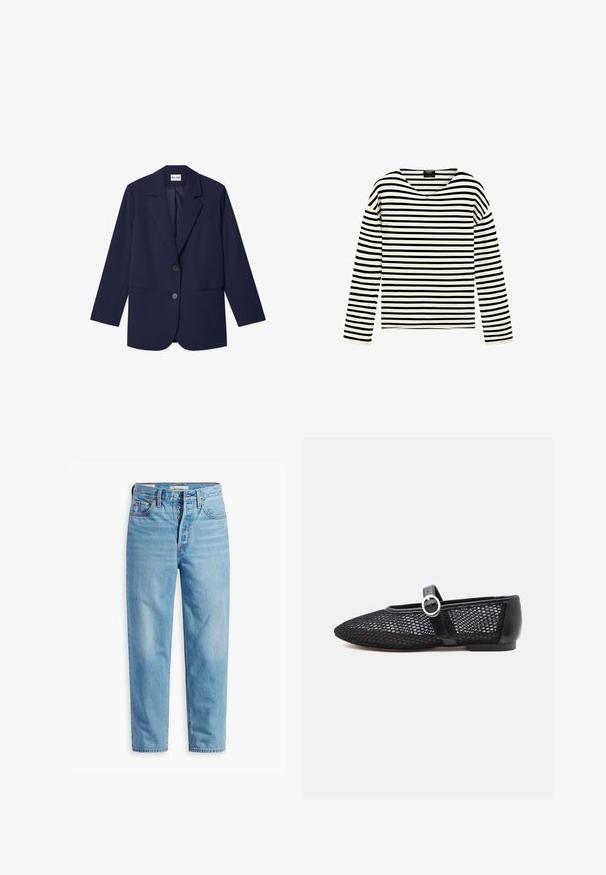 NA-KD Halflange jas - navy; Overhemd met lange mouwen met zwart-witte horizontale strepen en een V-hals, afgebeeld op een effen witte achtergrond.; Lichtblauwe denim jeans met hoge taille en rechte pijpen, met knopenlijst en vijf zakken ontwerp, plat weergegeven op een witte achtergrond.; Zwarte mesh Mary Jane platte schoen met ronde neus, verstelbare band, zilveren gesp en stevige hielcounter op witte achtergrond.