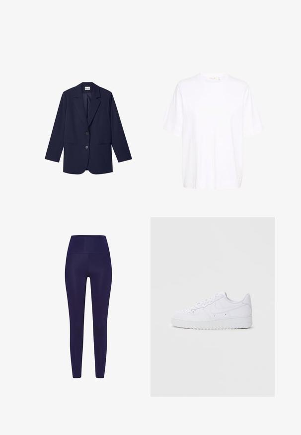 NA-KD Abrigo corto - navy; Camiseta blanca hecha de algodón suave, con cuello redondo, mangas cortas sueltas y un dobladillo recto sin patrones ni acentos visibles.; Leggings azul marino con una cintura alta, hechos de un material liso y elástico. El diseño presenta una forma ajustada sin patrones.; Zapatillas Nike Air Force 1 blancas con parte superior de cuero, puntera redonda, cierre de cordones, cuello acolchado y suela de goma texturizada.
