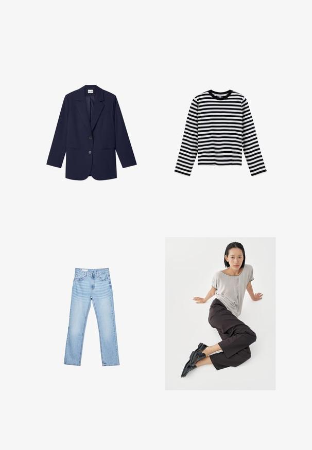 NA-KD Korte frakker - navy; Langærmet bluse med navy og hvide vandrette striber, rund halsudskæring og lige kant. Fremstillet af blødt, tekstureret stof.; Lyseblå denimjeans med lige pasform, fem-lomme-design og synlig syning. Mellem-høj talje med klassisk knap- og lynlåslukning.; Lysegrå top med korte ærmer, mørke bukser med vide ben og sorte loafers. Glat stof, afslappet pasform og kontrastfarvet kant på skjorten.