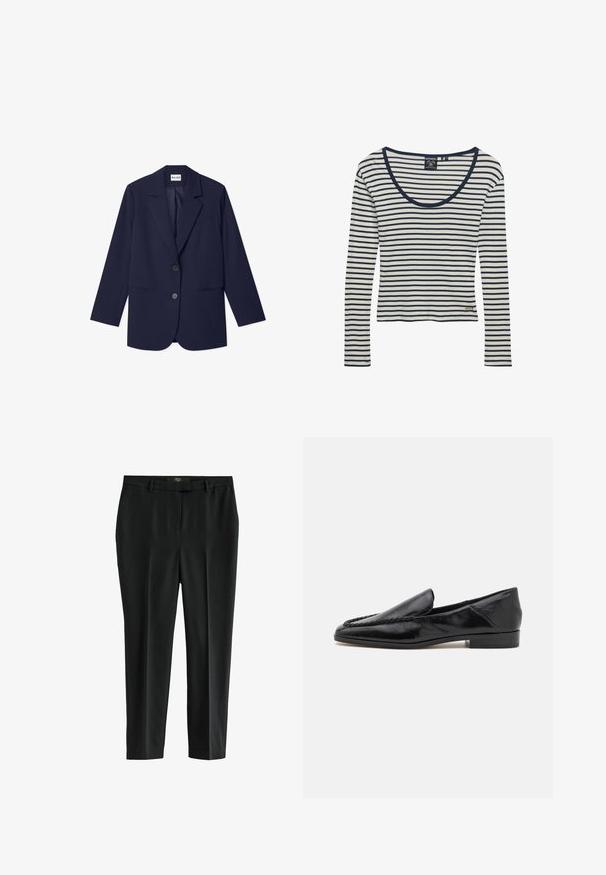 NA-KD Halflange jas - navy; Wit shirt met lange mouwen met marineblauwe horizontale strepen en een ronde hals, met het label Superdry bij de zoom en binnen de kraag.; Zwarte broek van een gladde stof, met een rechte pijp, subtiele plooien en een tailleband met riemlussen.; Zwarte leren instappers met een gladde afwerking, voorzien van een gestikt ontwerp langs de voorkant en een lage, vierkante hak.