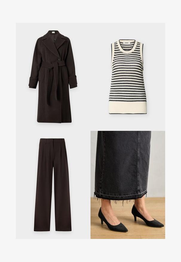 Manteau en laine brun avec un col cranté, des manches longues et une ceinture. Il dispose d'une fermeture à un seul bouton et de deux poches latérales.; Gilet en tricot sans manches à rayures horizontales noires et blanches, avec un ourlet et un col côtelés.; Pantalon marron foncé à jambes larges avec plis et passants pour ceinture, doté d'une fermeture éclair avant et d'un ourlet net sur un fond uni.; Escarpins en suede noirs avec un bout pointu et un talon de 3 pouces, associés à une longue jupe en denim foncé présentant des détails d'ourlet effilochés.