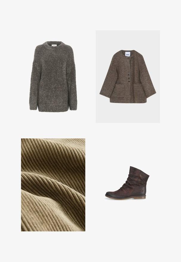 Brun, blød uldjakke med rund halsudskæring, forlommer og tre sorte knapper på asymmetrisk lukning.; Grå, tekstureret sweater med rund halsudskæring, lange ærmer og løs pasform. Lavet af et blødt, fnugget materiale, der har et enkelt design.; Brunt ribbet stof med en blød, tekstureret overflade, der viser lodrette linjer og skaber dybde med lette variationer i farven.; Brune læder ankelstøvler med et slouchy design, rund tå og en lav hæl. Har diskret syninger og et sommerfuglelogo på siden.