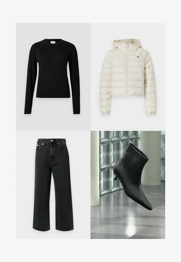 Veste matelassée courte blanche avec capuche, équipée d'une fermeture éclair et d'un logo CK discret sur la poitrine. Texture lisse et design rembourré.; Pull en tricot noir avec un col rond, des manches longues et une coupe slim, doté d'une texture lisse et de détails minimalistes.; Jean large en denim noir, avec une taille haute, deux poches avant, une poche arrière unique et une fermeture à bouton avec un détail argenté.; Bottine en cuir noir à bout pointu et petit talon kitten, présentée en angle devant un sol poli et un mur en blocs de verre.