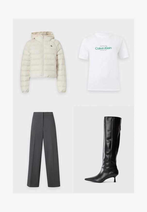 Weiße, kurz geschnittene Steppjacke mit Kapuze, ausgestattet mit einem Reißverschluss und einem dezenten CK-Logo auf der Brust. Glatte Textur und gepolstertes Design.; Weißes T-Shirt mit kurzen Ärmeln und grünem Aufdruck "Calvin Klein New York City Established 1968" auf der Brust.; Dunkelgraue, weit geschnittene Hose aus glattem Stoff, mit flachem Bund und dezenten Nahtdetails, in einem eleganten, maßgeschneiderten Design.; Schwarze Lederstiefel bis zum Knie mit spitzem Zehenbereich und schmalem, geschwungenem Absatz. Glatte Textur, enganliegendes Design und keine sichtbaren Beschläge oder Muster.