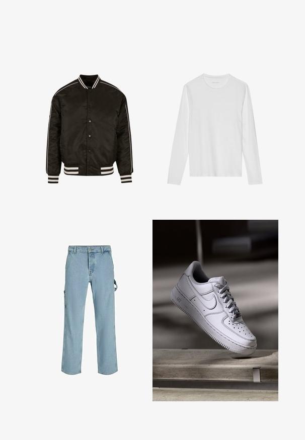 Chaqueta bomber negra con acentos de rayas blancas en las mangas y el cuello, cierre de botones a presión, y dobladillo y puños acanalados. Textura de tela suave.; Camiseta blanca de manga larga hecha de algodón suave, con cuello redondo y una textura lisa sin patrones ni detalles visibles.; Pantalones cargo de mezclilla azul claro con un corte relajado, que cuentan con lazos de sujeción laterales y bolsillos frontales, mostrando una textura desgastada.; Zapatilla Nike Air Force 1 de cuero blanco que presenta una puntera perforada, cordones planos y una suela de goma texturizada con la marca "AIR" en el lateral.