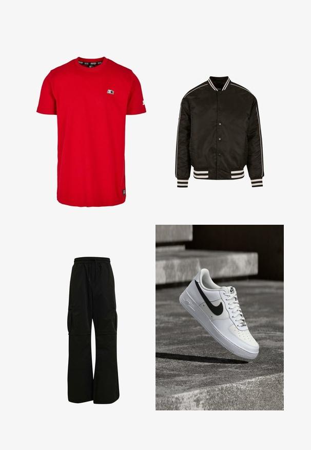 Schwarze Bomberjacke mit weißen gestreiften Akzenten an den Ärmeln und dem Kragen, Druckknopfverschluss sowie geripptem Saum und Bündchen. Glatte Stofftextur.; Rotes Baumwoll-T-Shirt mit Rundhalsausschnitt, kurzen Ärmeln und einem kleinen schwarzen Logo auf der linken Brust und dem Ärmel. Glatte, einfarbige Stoffqualität.; Schwarze Cargo-Hosen mit einem elastischen Bund, weitem Beinsaum und großen seitlichen Taschen für Funktionalität und Komfort. Glatte Textur.; Weißer Nike Air Force 1 Sneaker mit schwarzem Swoosh, geschnürten Schnürsenkeln, schwebend in der Luft über einer strukturierten Betonoberfläche im Freien.