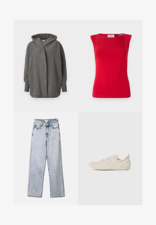 Chaqueta de forro polar gris de gran tamaño con capucha, mangas largas y puños acanalados prolongados, exhibida sobre un fondo blanco.; Top sin mangas rojo con escote cuadrado, hecho de una tela suave, con un diseño ajustado y textura lisa, etiquetado con 'JJXX'.; Vaqueros de pierna recta de color azul claro, confeccionados en denim, con dos bolsillos frontales, cierre de botón y costuras en contraste a lo largo de las costuras.; Sneaker beige con una parte superior texturizada, que presenta paneles de malla y una punta redondeada. Suela ligera con un diseño de banda de rodadura distintivo y una lengüeta.