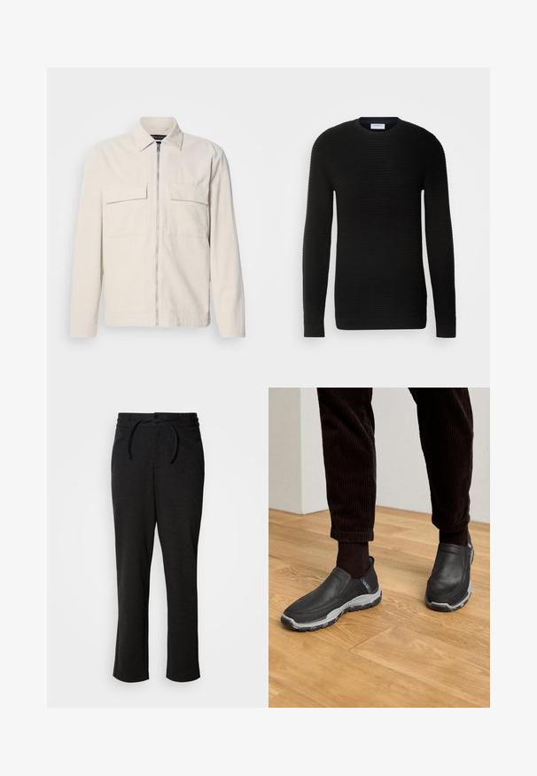 Lichtbeige corduroy jack met een rits aan de voorkant, twee borstzakken, een kraag en lange mouwen. Smooth textuur en een minimalistisch ontwerp.; Zwart lange mouwen trui met een geribbelde textuur, ronde halslijn en aansluitende manchetten. Gemaakt van een zachte, rekbare stof.; Zwarte gebreide broek met een trekkoord in de taille, rechte pijpen en zijzakken. Zachte textuur met een gladde afwerking.; Zwarte instapschoenen met leren bovenwerk met textuur en een grijze rubberen zool, geplaatst op een houten vloer met corduroy broek.