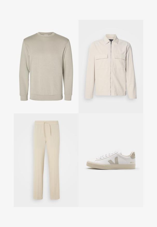 Lichtbeige corduroy jack met een rits aan de voorkant, twee borstzakken, een kraag en lange mouwen. Smooth textuur en een minimalistisch ontwerp.; Beige lange mouwen sweater met ronde hals, geribde manchetten en zoom, weergegeven op een effen witte achtergrond.; Beige, elastische broek met een trekkoord in de taille. Heeft rechte pijpen en een zachte textuur, geschikt voor casual wear of loungen.; Witte leren sneaker met beige accenten, platte rubberen zool, ronde neus en contrasterend logo aan de zijkant en achterkant. Vetersluiting.