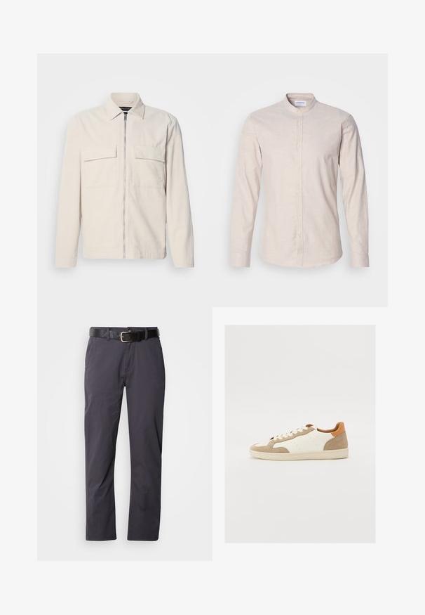 Lichtbeige corduroy jack met een rits aan de voorkant, twee borstzakken, een kraag en lange mouwen. Smooth textuur en een minimalistisch ontwerp.; Lichtbeige lange mouw knoopshirt met mandarin collar, voorgesteld met de voorkant naar voren op een plain witte achtergrond.; Zwarte katoenen broek met een rechte snit, voorzien van twee voorke pockets en een riem. De stof heeft een gladde textuur en een matte afwerking.; Sneakers met een crèmekleurig leren bovenwerk, beige suède accenten en een tan hak. Voorzien van platte veters en perforaties voor ademend vermogen.