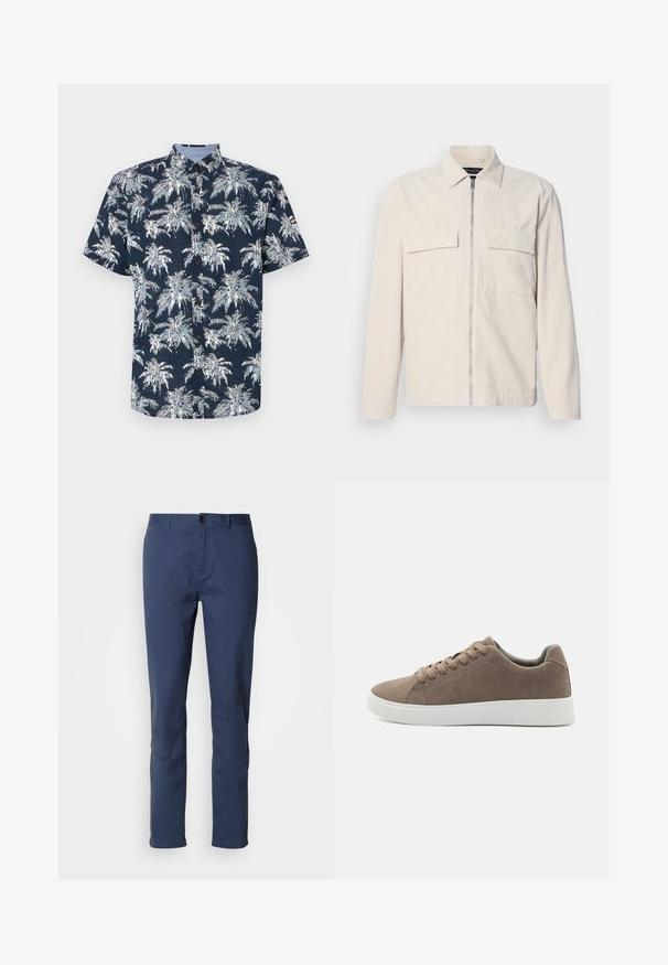 Lichtbeige corduroy jack met een rits aan de voorkant, twee borstzakken, een kraag en lange mouwen. Smooth textuur en een minimalistisch ontwerp.; Korte mouwen, knoopshirt in marineblauw met een wit palmbomenprint. Heeft een kraag en bruine knopen. Gestructureerde stof.; Navyblauwe katoenen broek met een slim fit, een knoopsluiting en strakke lijnen; gladde textuur met zijzakken en geen zichtbare patronen.; Bruine suède sneakers met platte witte rubberen zolen, vetersluiting, ronde neus en een gladde textuur. Minimalistische stijl met subtiele stikdetails.