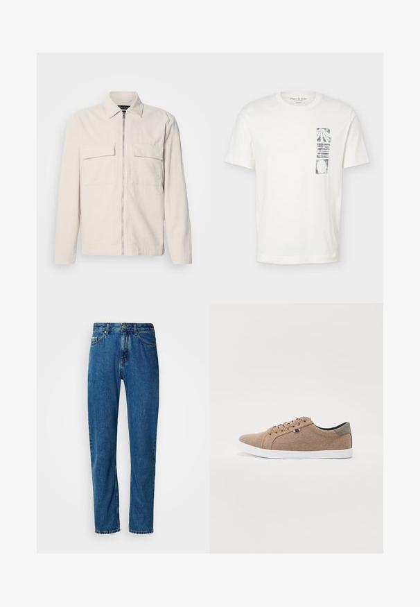 Lichtbeige corduroy jack met een rits aan de voorkant, twee borstzakken, een kraag en lange mouwen. Smooth textuur en een minimalistisch ontwerp.; Witte T-shirt met korte mouwen, ronde hals en een zwart abstract rechthoekig patroon op de linkerborst.; Blauwe rechte spijkerbroek met vijf zakken en een knoopsluiting aan de voorkant op een witte achtergrond.; Beige canvas sneakers met een low-top ontwerp, witte rubberen zool en ronde veters. Kenmerkt zich door een contrasterende grijze hielaccent en logodetail.
