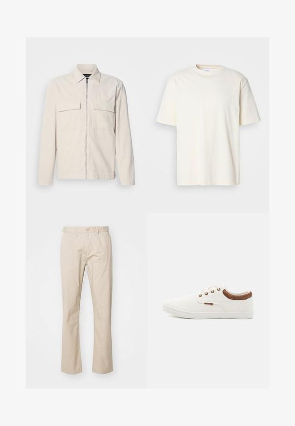 Lichtbeige corduroy jack met een rits aan de voorkant, twee borstzakken, een kraag en lange mouwen. Smooth textuur en een minimalistisch ontwerp.; Effen off-white T-shirt met korte mouwen en ronde hals, unisex ontwerp, weergegeven op een neutrale grijze achtergrond.; Beige katoenen chinos met een recht gesneden ontwerp, met een knoopsluiting en subtiele plooien voor textuur. Glad stof en strakke lijnen.; Witte canvas sneakers met een gladde textuur, bruine leren accenten bij de hiel en vijf metalen oogjes voor veters. Heeft een platte rubberen zool.
