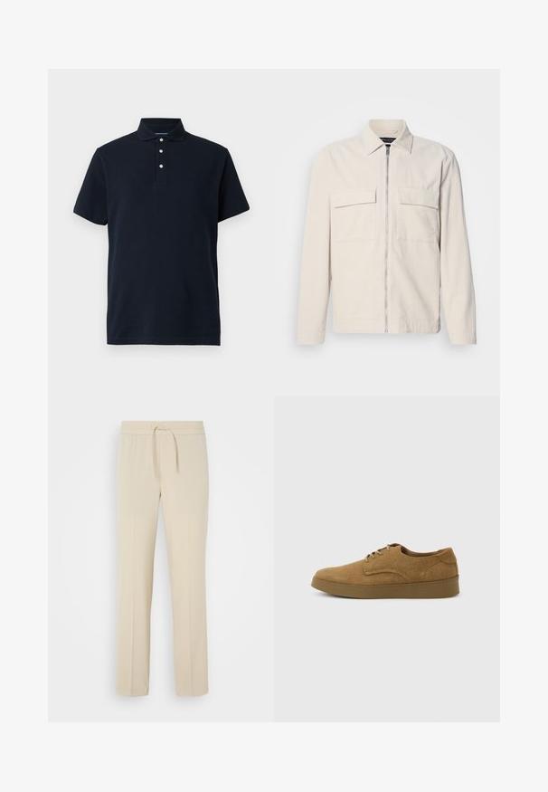Lichtbeige corduroy jack met een rits aan de voorkant, twee borstzakken, een kraag en lange mouwen. Smooth textuur en een minimalistisch ontwerp.; Marineblauwe polo met korte mouwen en een kraag, voorzien van drie witte knopen op de sluiting, weergegeven tegen een effen achtergrond.; Beige, elastische broek met een trekkoord in de taille. Heeft rechte pijpen en een zachte textuur, geschikt voor casual wear of loungen.; Bruine suède veterschoen voor vrijetijdskleding met een platte rubberen zool, zijaanzicht tegen een eenvoudige lichte achtergrond.