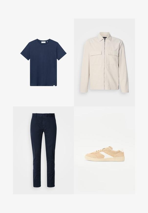 Lichtbeige corduroy jack met een rits aan de voorkant, twee borstzakken, een kraag en lange mouwen. Smooth textuur en een minimalistisch ontwerp.; Navyblauwe katoenen t-shirt met een ronde hals, korte mouwen en een klein geborduurd logo op de linkerkant van de borst. Zachte textuur.; Donkerblauwe chinos gemaakt van een katoenmix. Voorzien van een knoopsluiting, riemlussen, recht gesneden ontwerp en een gladde textuur.; Beige suede sneaker met witte accenten, ronde neus en vetersluiting. Gestructureerde bovenkant en rubberen zool met discrete branding.