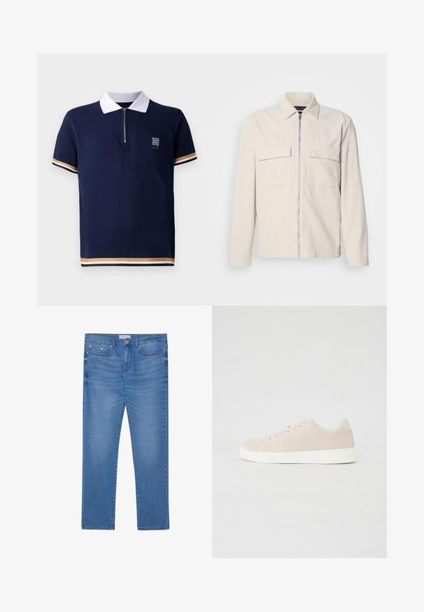 Lichtbeige corduroy jack met een rits aan de voorkant, twee borstzakken, een kraag en lange mouwen. Smooth textuur en een minimalistisch ontwerp.; Marineblauw polo shirt met witte kraag, kwart-rits ontwerp en gestructureerde stof. Beschikt over gestreepte accenten in goud en wit op de mouwen.; Lichtblauwe spijkerbroek met een rechte pijp, vijf zakken, subtiele vervaging en metalen accenten op de taille en zakken.; Beige suède sneakers met witte rubberen zolen, ronde neus en zes veterogen. Gladde textuur met minimalistisch ontwerp.