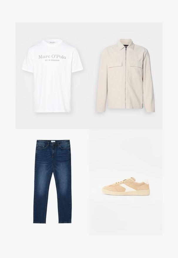 Lichtbeige corduroy jack met een rits aan de voorkant, twee borstzakken, een kraag en lange mouwen. Smooth textuur en een minimalistisch ontwerp.; Witte katoenen T-shirt met een ronde hals, korte mouwen en grijze opdruk met de tekst "Marc O'Polo EST. IN STOCKHOLM."; Donkerblauwe slim-fit jeans met vervaagde details, klassiek vijf-pocket ontwerp, knoopsluiting en riemlussen.; Beige suede sneaker met witte accenten, ronde neus en vetersluiting. Gestructureerde bovenkant en rubberen zool met discrete branding.