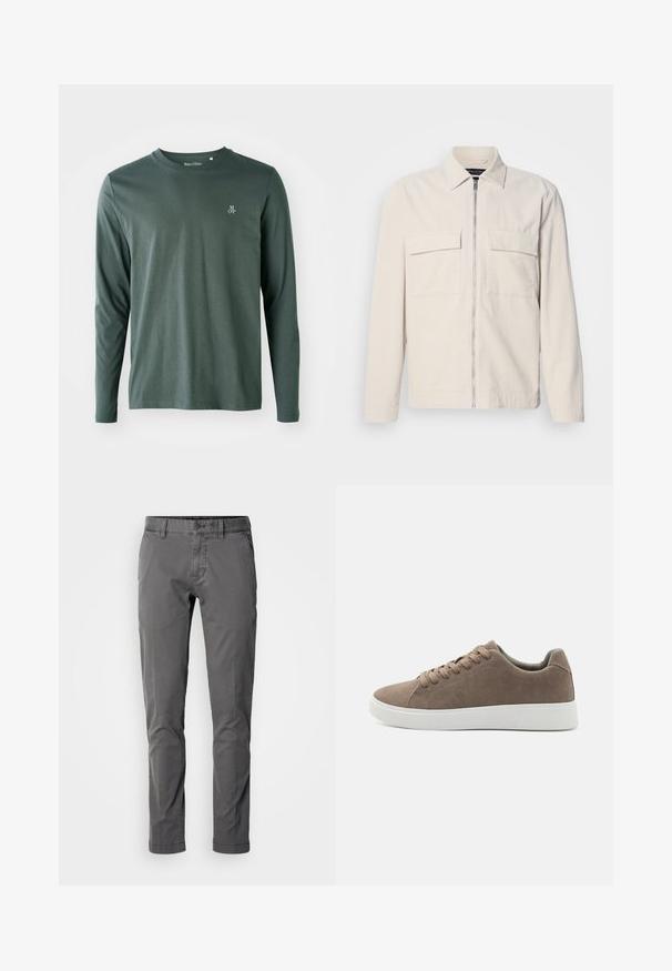 Lichtbeige corduroy jack met een rits aan de voorkant, twee borstzakken, een kraag en lange mouwen. Smooth textuur en een minimalistisch ontwerp.; Langsleeve shirt in donkergroen katoen met een ronde halslijn, subtiele textuur en klein wit "M OP" logo op de linkerborst.; Slim-fit grijze katoen broek met een knoopsluiting, zijzakken en een gladde textuur. Heeft een klassiek ontwerp en een op maat gemaakte silhouet.; Bruine suède sneakers met platte witte rubberen zolen, vetersluiting, ronde neus en een gladde textuur. Minimalistische stijl met subtiele stikdetails.