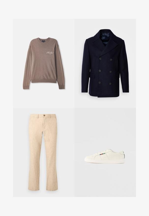 Isaac Dewhirst NEW SHORT PEACOAT SIDE ENTRY - Overgangsjakke - navy; Brun strikket sweater med lange ærmer og rund hals. Har et lille broderet logo på brystet samt ribbede manchetter ogkant.; Beige lige-lange hørbukser med knap- og lynlås lukning, bæltestropper og forlommer på hvid baggrund.; Lysebeige sneakers med en glat tekstur, snørelukning og farverig stribet detalje på siden. Hvid gummisål. Ensfarvet bagtil.