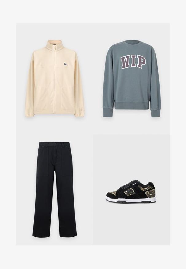Chaqueta beige de forro polar con cremallera, cuello alto, dos bolsillos delanteros, pequeño parche negro de zapatilla en el pecho y logo sutil de Converse en la manga izquierda.; Sudadera gris con puños y dobladillo acanalados. Presenta el logo "WIP" en blanco con contorno púrpura oscuro. Diseño de cuello redondo, confeccionada con tela suave.; Pantalones negros de pierna ancha con bolsillos delanteros de parche, trabillas para cinturón y cierre de botón, mostrados sobre un fondo liso.; Zapatilla de ante negra con patrón de camuflaje en el lateral, media suela blanca y suela exterior de goma negra. Presenta cordones y detalle del logo en el lateral.