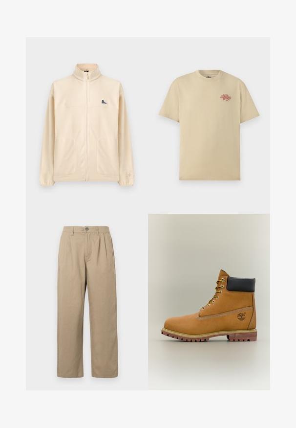 Chaqueta beige de forro polar con cremallera, cuello alto, dos bolsillos delanteros, pequeño parche negro de zapatilla en el pecho y logo sutil de Converse en la manga izquierda.; Camiseta beige de manga corta y cuello redondo con pequeño logo rojo de "Dickies" en el pecho izquierdo.; Pantalones de tiro alto beige con pliegues, presillas para el cinturón, cierre de botón y piernas rectas sobre un fondo blanco.; Bota de tobillo de cuero marrón con cuello negro, cordones amarillos y suela beige. Presenta un logotipo y detalles de costura blanca. Suela exterior con tracción robusta.