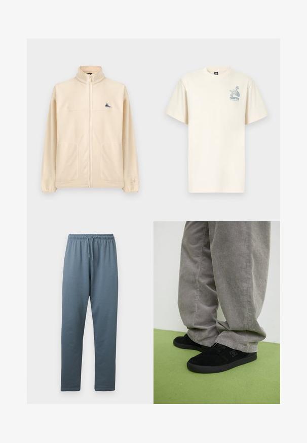 Chaqueta beige de forro polar con cremallera, cuello alto, dos bolsillos delanteros, pequeño parche negro de zapatilla en el pecho y logo sutil de Converse en la manga izquierda.; Camiseta de algodón color crema con mangas cortas, con un logotipo gráfico azul de The North Face y el texto "Yosemite, CA" en el pecho.; Pantalones deportivos de cintura elástica azul grisáceo con cordón ajustable y piernas rectas mostrados contra un fondo blanco.; Zapatillas de skate de ante negro con un acabado texturizado y un logo, combinadas con pantalones de pana gris con una textura acanalada. Superficie del suelo en verde.