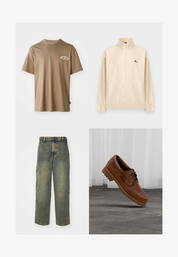 Chaqueta beige de forro polar con cremallera, cuello alto, dos bolsillos delanteros, pequeño parche negro de zapatilla en el pecho y logo sutil de Converse en la manga izquierda.; Camiseta de algodón marrón con cuello redondo, mangas cortas y un logo blanco que dice "Dickies Workwear" en el lado izquierdo del pecho.; Jeans de denim holgados en un lavado azul y verde descolorido. Presenta un cierre de botón, pasadores para el cinturón y bolsillos laterales. Diseño de frente plano y pierna recta.; Zapato náutico de cuero marrón con cordones negros, costuras beige y una suela resistente, suspendido sobre un suelo de hormigón gris.